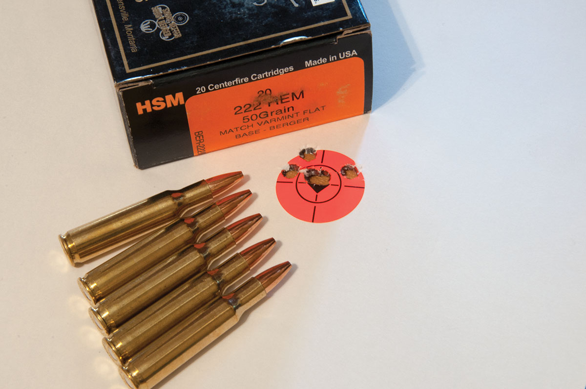 Hunting Shack Munitions ammunition containing Berger 50-grain Varmint flatbase bullets provided one of the smallest groups of the factory loads tried, .618 inch.